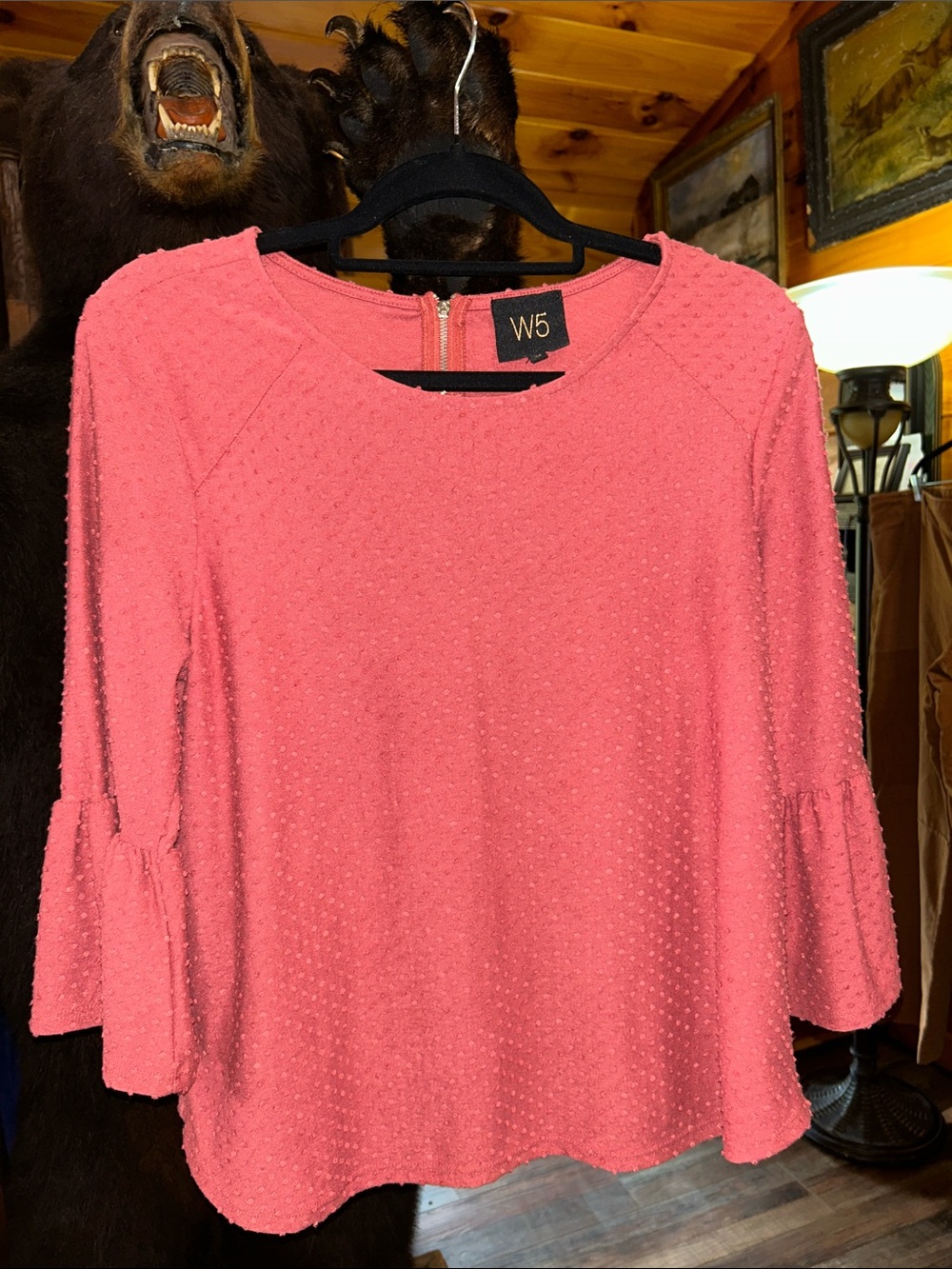 W5 Coral Pink Textured Bell-Sleeve shirt zipper back